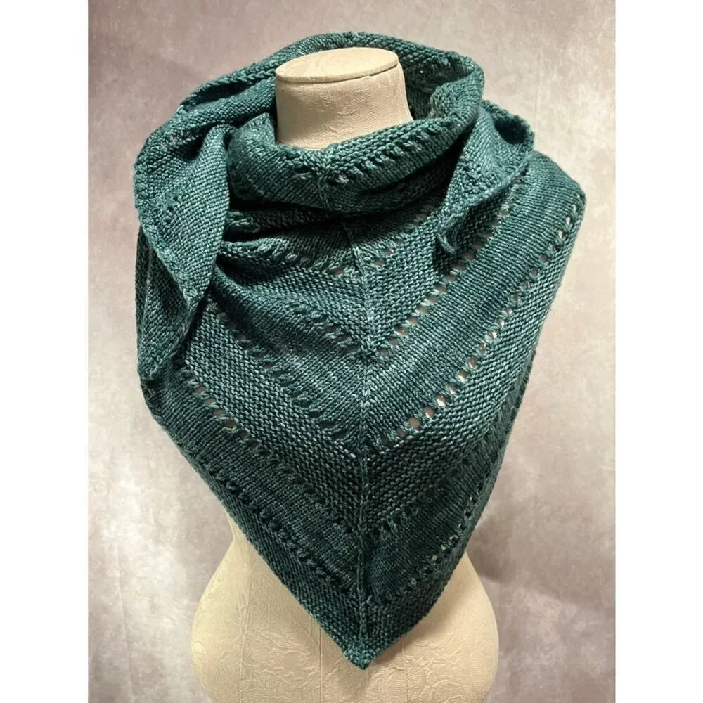 Handknit Teal Triangle Shawl Scarf eyelet knit wool blend